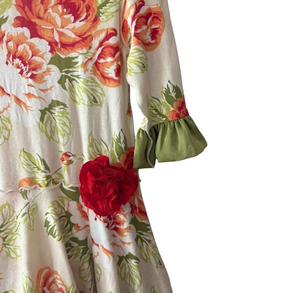 Floral Giggle Moon Girls Dress With Green Ruffled Hem & Sleeves Rosette Size 6X